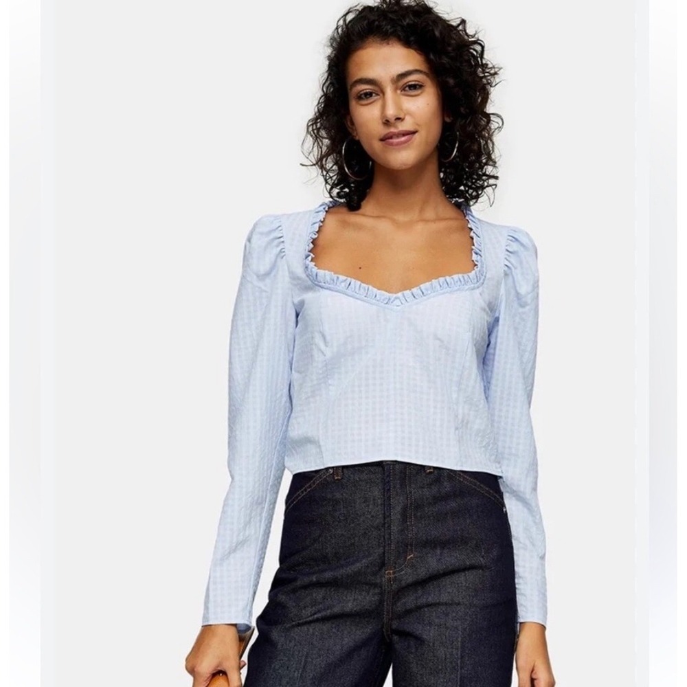 TOPSHOP Baby Blue Gingham Ruffle Sweetheart Neck Crop Top Long Sleeve Size US 2